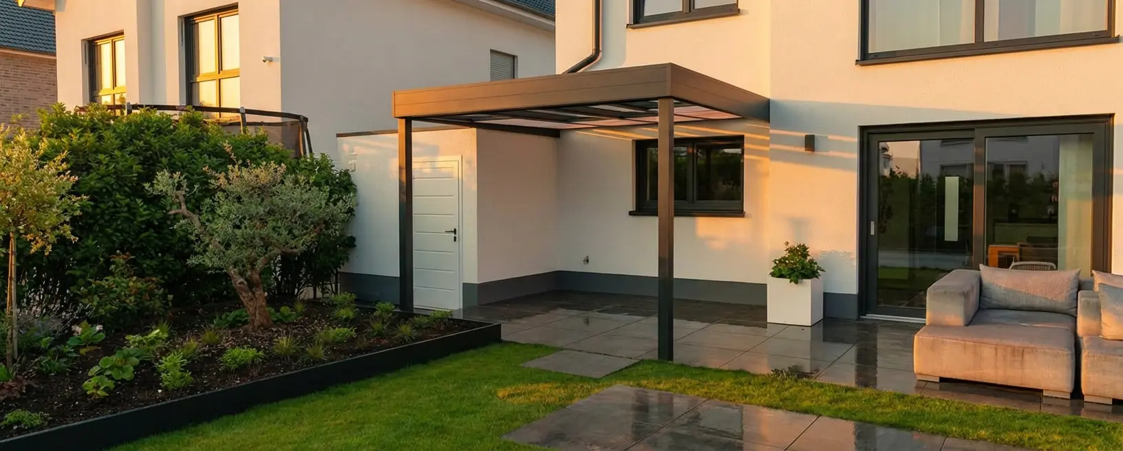 Terrassenüberdachung mit anthrazit Gestell und Ausblick