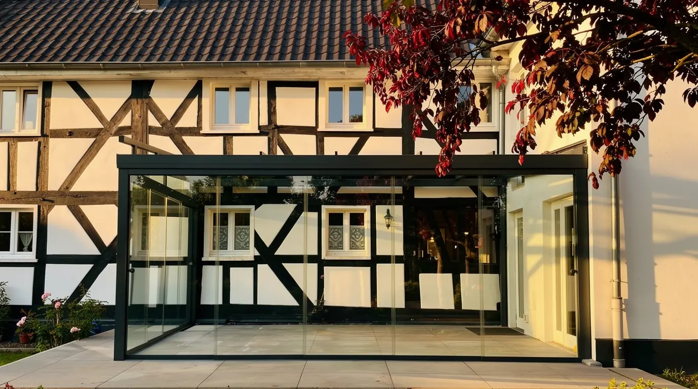Freistehender Kaltwintergarten in Anthrazit mit Ganzglasschiebeanlagen an historischem Fachwerkhaus