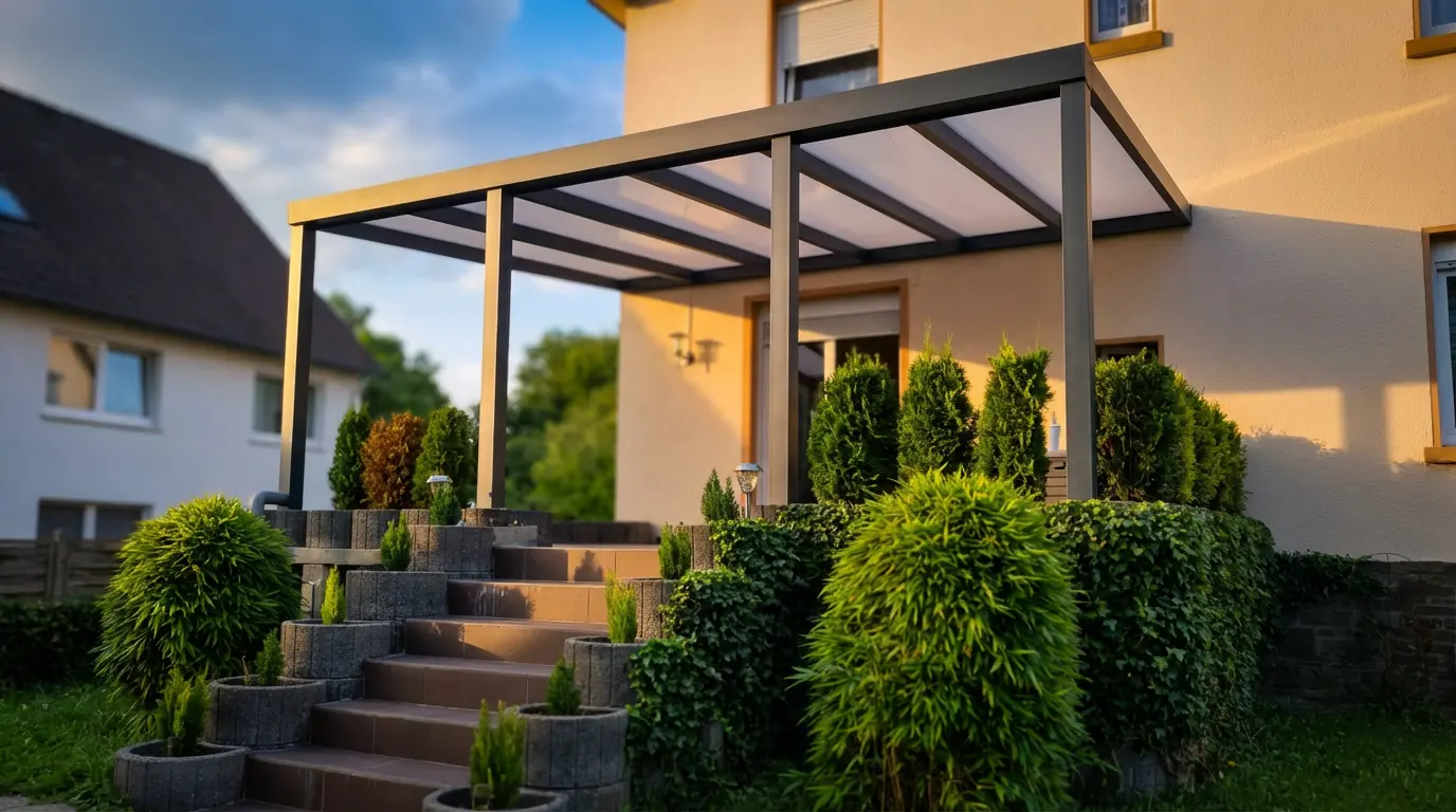 Klassische Terrassenüberdachung mit Polycarbonat-Eindeckung in Opal an Einfamilienhaus
