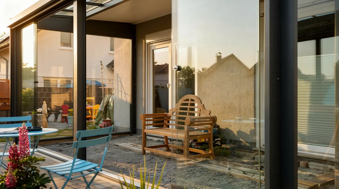 Kompakter Kaltwintergarten in Anthrazit mit geöffneter Ganzglasschiebeanlage und Blick in den Garten