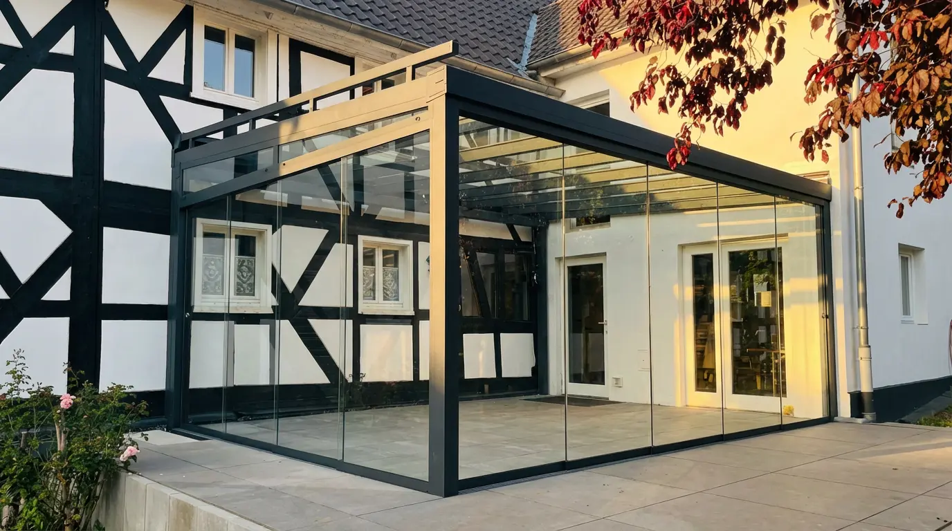 Freistehender Kaltwintergarten in Anthrazit mit Ganzglasschiebeanlagen an historischem Fachwerkhaus
